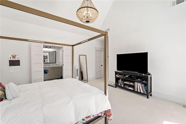 124 Long Shadows Dr, Alpharetta, GA 30004 - bedroom with light colored carpet, a chandelier, vaulted ceiling, and bar