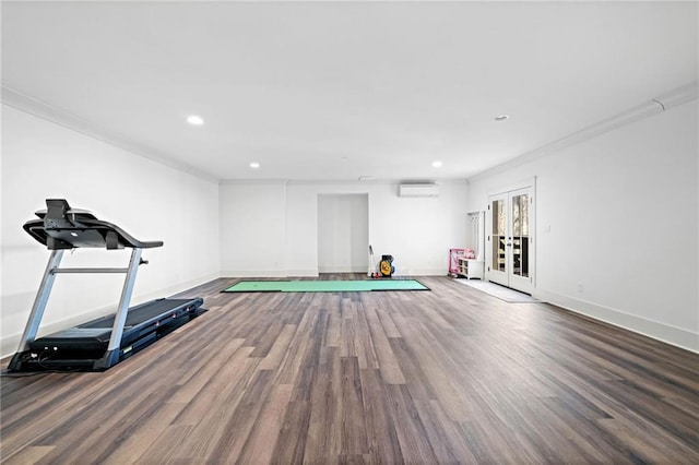 124 Long Shadows Dr, Alpharetta, GA 30004 - exercise area with a wall mounted air conditioner, recessed lighting, wood finished floors, french doors, and ornamental molding