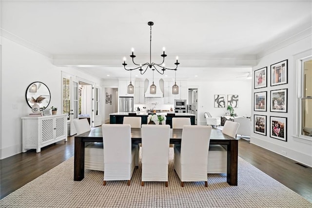 124 Long Shadows Dr, Alpharetta, GA 30004 - dining area with dark wood finished floors, a chandelier, crown molding, recessed lighting, and a ceiling fan