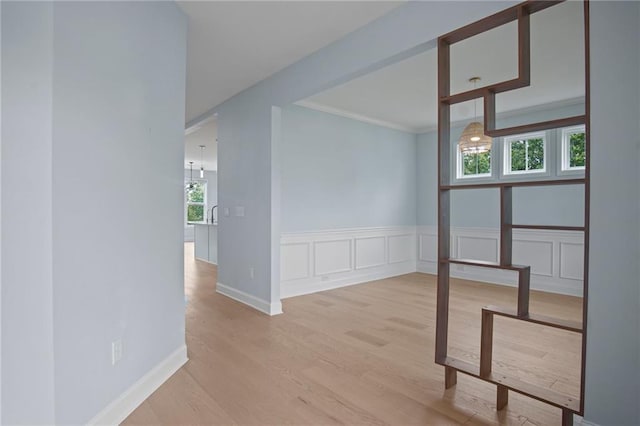 spare room featuring a decorative wall, light wood-type flooring, a wealth of natural light, and ornamental molding