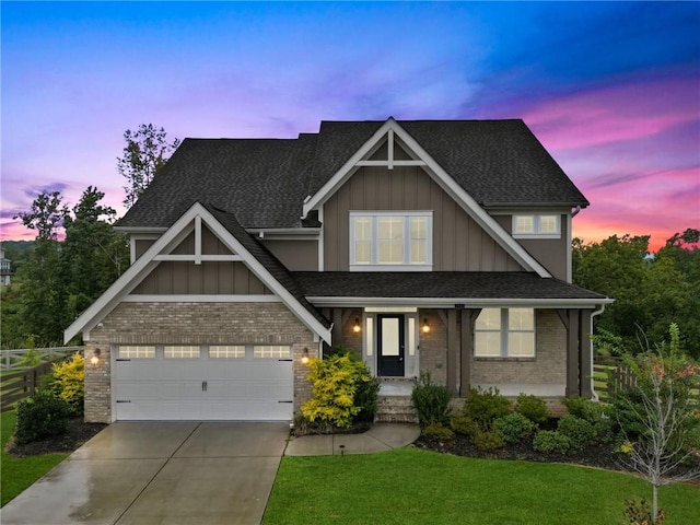 craftsman house featuring brick siding, driveway, a porch, and board and batten siding