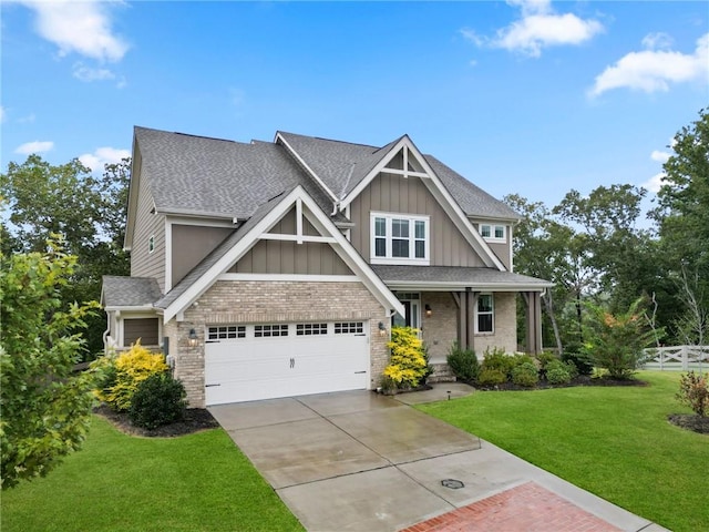 craftsman inspired home featuring fence, a shingled roof, concrete driveway, a front lawn, and board and batten siding