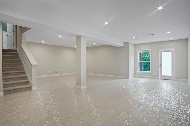 interior space featuring recessed lighting, stairs, and baseboards