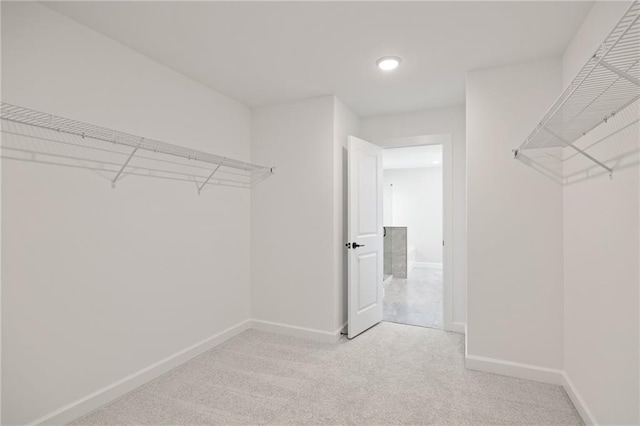 spacious closet featuring light carpet