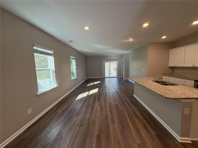 interior space with baseboards, dark wood finished floors, a sink, and recessed lighting