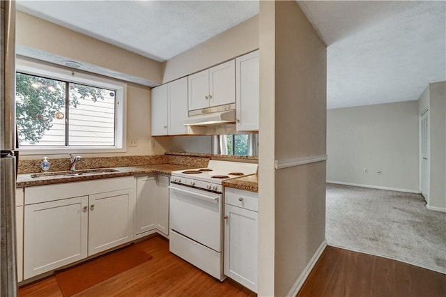 kitchen featuring a sink, under cabinet range hood, white cabinetry, baseboards, and electric range