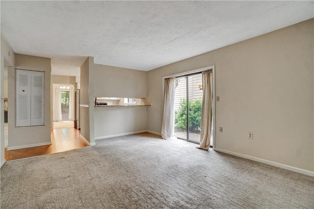 unfurnished living room with carpet, a wealth of natural light, a textured ceiling, and baseboards