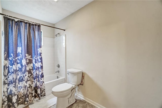 full bathroom with tile patterned floors, toilet, shower / bath combination with curtain, and baseboards