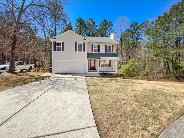 93 Wolfridge Ct, Dallas, GA 30132 - view of front of house featuring a front yard, an attached garage, covered porch, a chimney, and concrete driveway