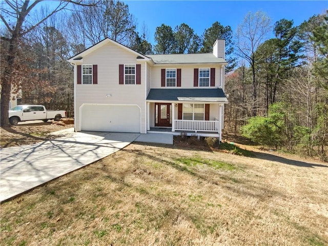 93 Wolfridge Ct, Dallas, GA 30132 - traditional home featuring a front lawn, a porch, concrete driveway, a garage, and a chimney