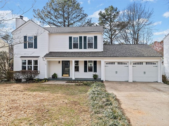 traditional-style home featuring a chimney, a porch, a front yard, a garage, and driveway