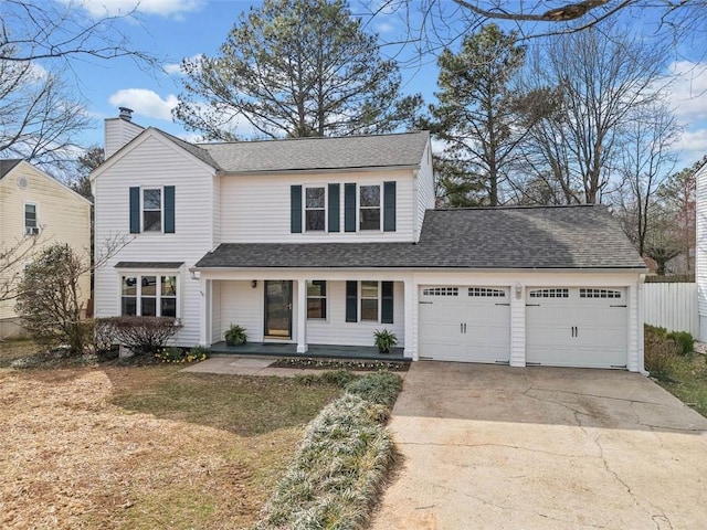 traditional-style house with a garage, a shingled roof, concrete driveway, a chimney, and a front lawn