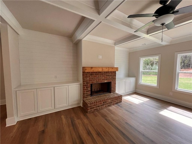 unfurnished living room with dark hardwood / wood-style floors, coffered ceiling, a fireplace, and ceiling fan