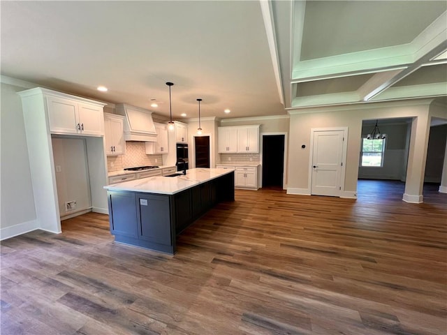 kitchen with dark hardwood / wood-style floors, a center island with sink, and white cabinets