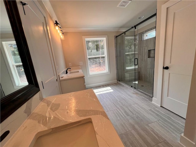 bathroom featuring vanity and a shower with shower door