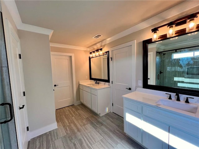 bathroom with vanity, walk in shower, and hardwood / wood-style flooring