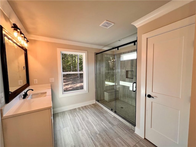 bathroom with vanity, wood-type flooring, and a shower with door