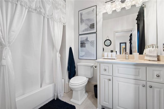 full bathroom with vanity, tile patterned flooring, shower / bath combination with curtain, and toilet