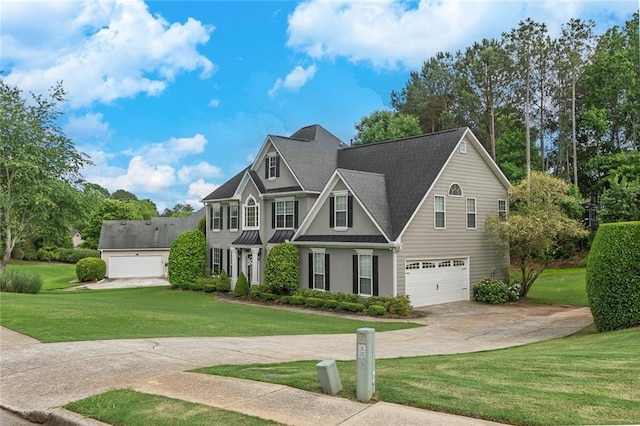225 Ruby Forest Pkwy, Suwanee, GA 30024 - view of front of home with a front yard, concrete driveway, a garage, a standing seam roof, and stucco siding