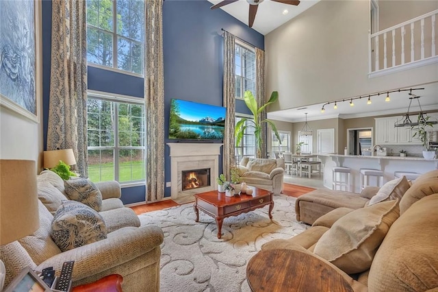 225 Ruby Forest Pkwy, Suwanee, GA 30024 - living room featuring a high ceiling, ceiling fan, light wood finished floors, a premium fireplace, and recessed lighting