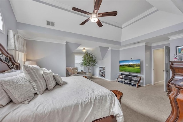 225 Ruby Forest Pkwy, Suwanee, GA 30024 - bedroom with carpet floors, ornamental molding, ceiling fan, and a raised ceiling