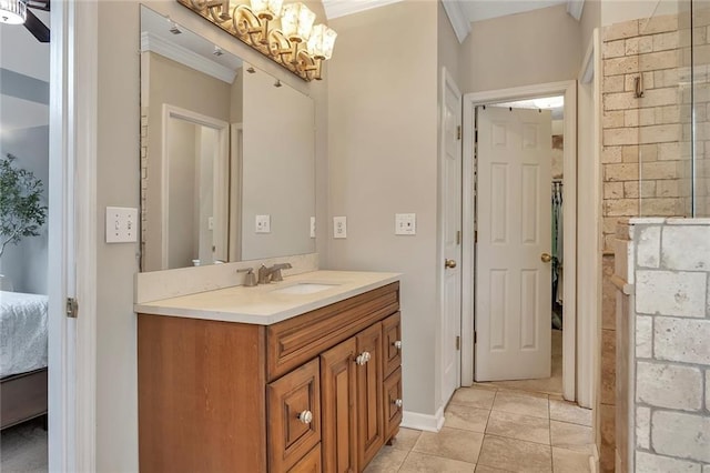 225 Ruby Forest Pkwy, Suwanee, GA 30024 - bathroom with ensuite bath, vanity, a chandelier, tile patterned floors, and a tile shower