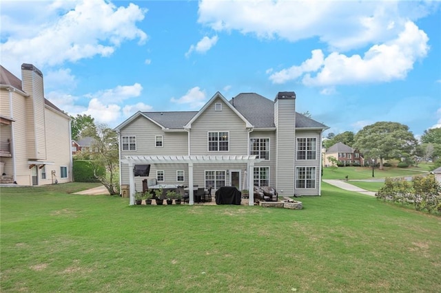 225 Ruby Forest Pkwy, Suwanee, GA 30024 - back of house with a pergola, a lawn, a chimney, and a patio area