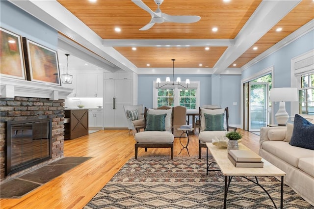 1658 E Clifton Rd NE, Atlanta, GA 30307 - living area featuring wood ceiling, light wood-type flooring, recessed lighting, a chandelier, and ceiling fan