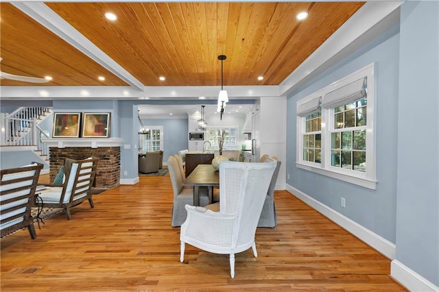 1658 E Clifton Rd NE, Atlanta, GA 30307 - dining area with wood ceiling, light wood-type flooring, stairs, recessed lighting, and a chandelier
