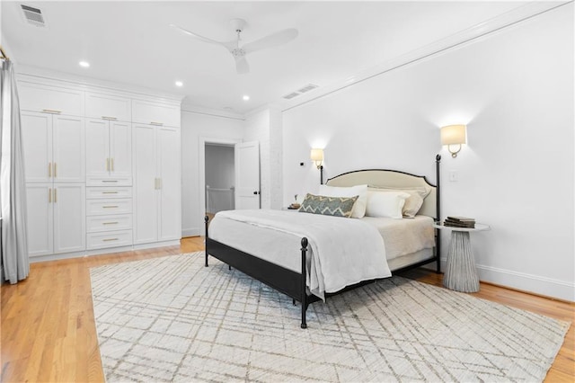 1658 E Clifton Rd NE, Atlanta, GA 30307 - bedroom featuring light wood-type flooring, crown molding, recessed lighting, and a ceiling fan