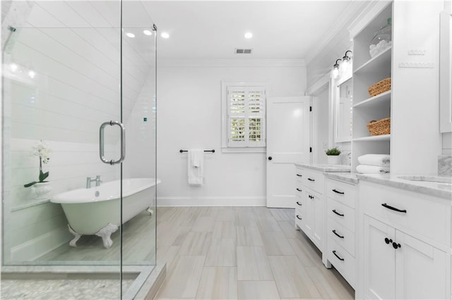 1658 E Clifton Rd NE, Atlanta, GA 30307 - bathroom with vanity, ornamental molding, a soaking tub, recessed lighting, and an enclosed shower