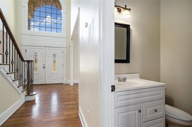 entrance foyer featuring dark wood-type flooring, a towering ceiling, and sink