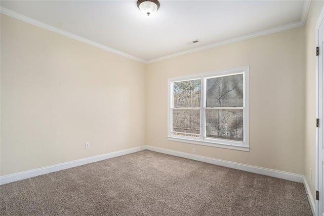 spare room featuring ornamental molding and carpet flooring