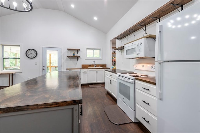2801 Henderson Mountain Rd, Jasper, GA 30143 - kitchen featuring white appliances, open shelves, dark wood finished floors, recessed lighting, and white cabinets