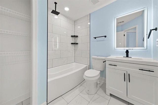 full bathroom with toilet, tiled shower / bath combo, and vanity