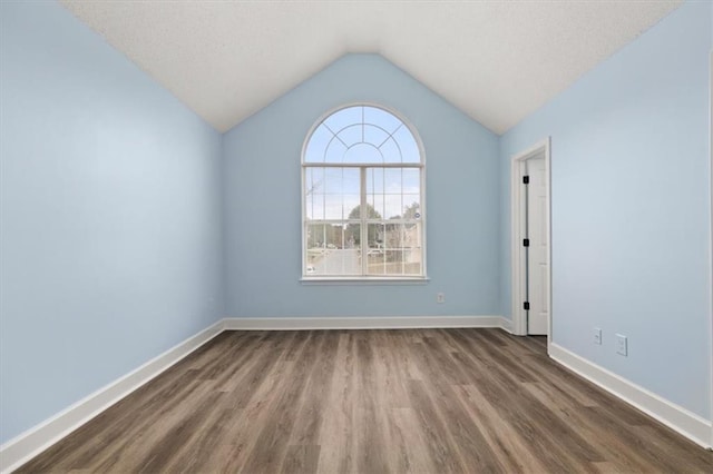 empty room featuring lofted ceiling, a textured ceiling, and dark hardwood / wood-style floors