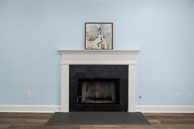 interior details featuring wood-type flooring and a high end fireplace