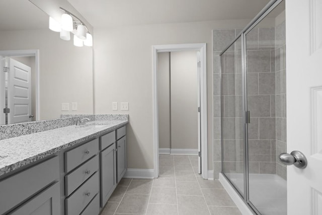 bathroom featuring tile patterned floors, a shower stall, vanity, and baseboards