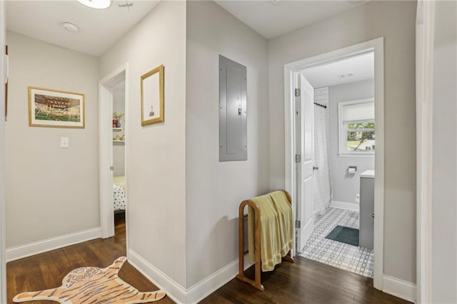 corridor featuring wood finished floors, baseboards, and electric panel