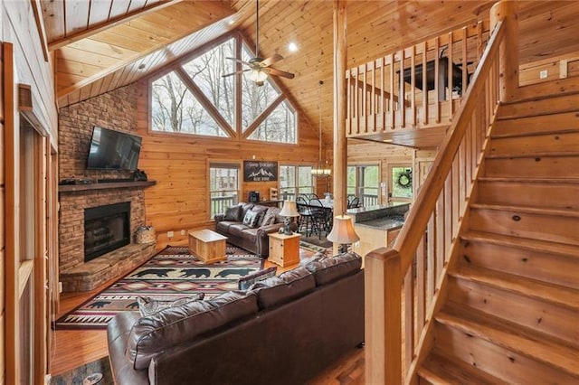 living room featuring a stone fireplace, wooden ceiling, plenty of natural light, wooden walls, and hardwood / wood-style flooring