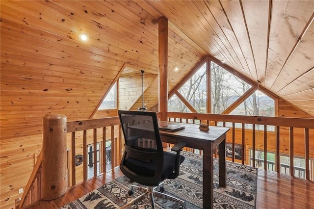 home office featuring wood-type flooring, lofted ceiling, wood ceiling, and wood walls