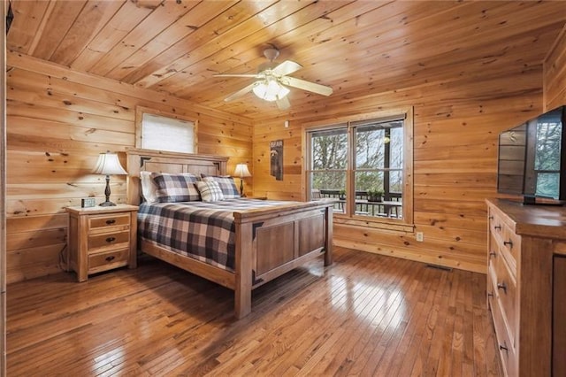 bedroom featuring hardwood / wood-style flooring, wooden walls, and wooden ceiling