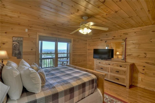 bedroom featuring wood ceiling, wood walls, ceiling fan, and light wood-type flooring