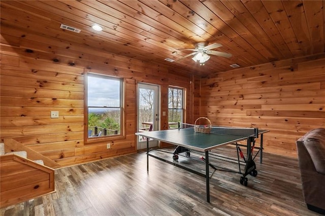 rec room featuring wood-type flooring, wooden ceiling, and wood walls