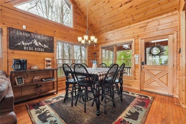 dining area featuring hardwood / wood-style floors, a notable chandelier, wooden walls, and wood ceiling