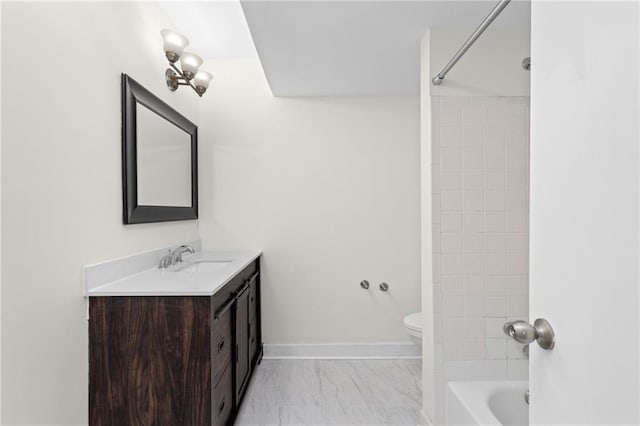 bathroom featuring shower / bath combination, baseboards, toilet, marble finish floor, and vanity