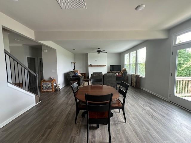 dining room with hardwood / wood-style floors, ceiling fan, and a healthy amount of sunlight