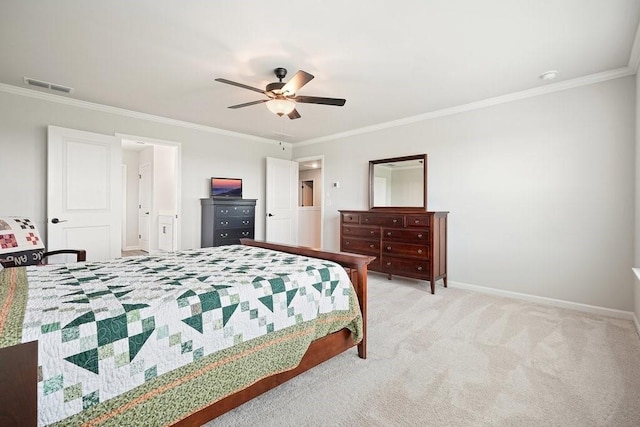 bedroom with ceiling fan, light colored carpet, and crown molding