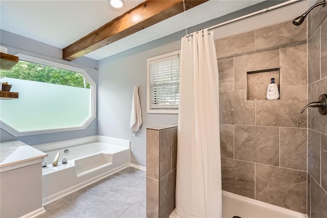 full bathroom featuring baseboards, a shower stall, beam ceiling, and a garden tub
