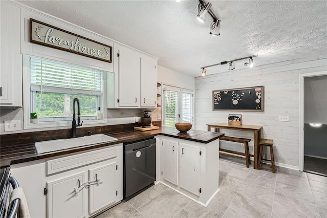 kitchen with dark countertops, a sink, rail lighting, and dishwasher